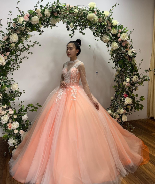Pastel nude orange lace ball gown wedding dress with court
