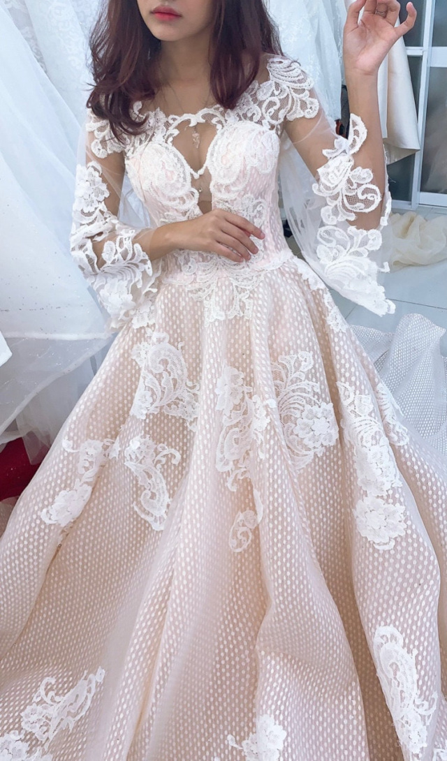 Flower Lace with Nude Lining Princess Wedding Ball Gown - VQ
