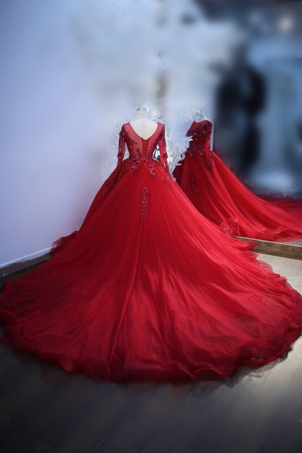 Cherry red lace applique long sleeves illusion V neck ball gown