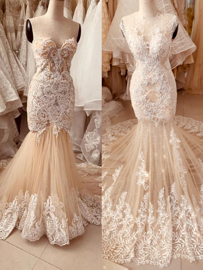 Charming off the shoulder sweetheart neck or crew neck nude beige white  lace sleeveless trumpet wedding dress with short train