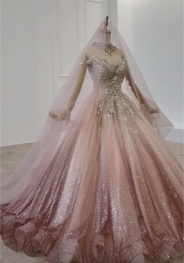 Ombre pink beaded crystals sparkle ball gown wedding dress with glitter
