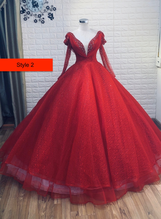 Princess red long sleeves puffy shoulders beaded sparkle ball gown