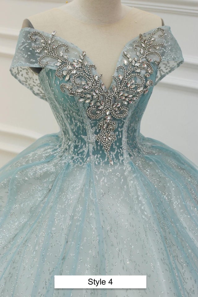 Aqua blue/turquoise sparkle princess ball gown wedding dress with