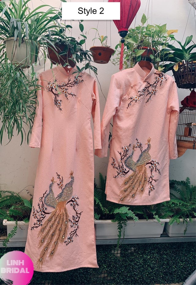 Traditional pink Vietnamese Wedding Ao Dai in jacquard or 