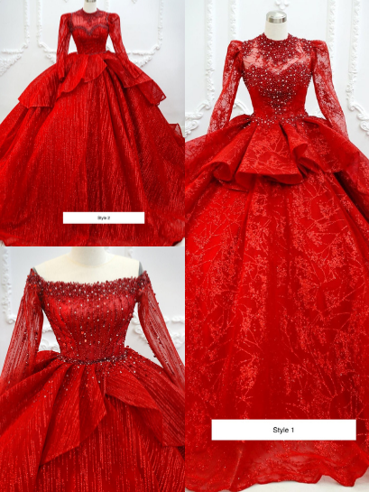 Tiered skirt long sleeves red sparkle ball gown wedding dress with ...