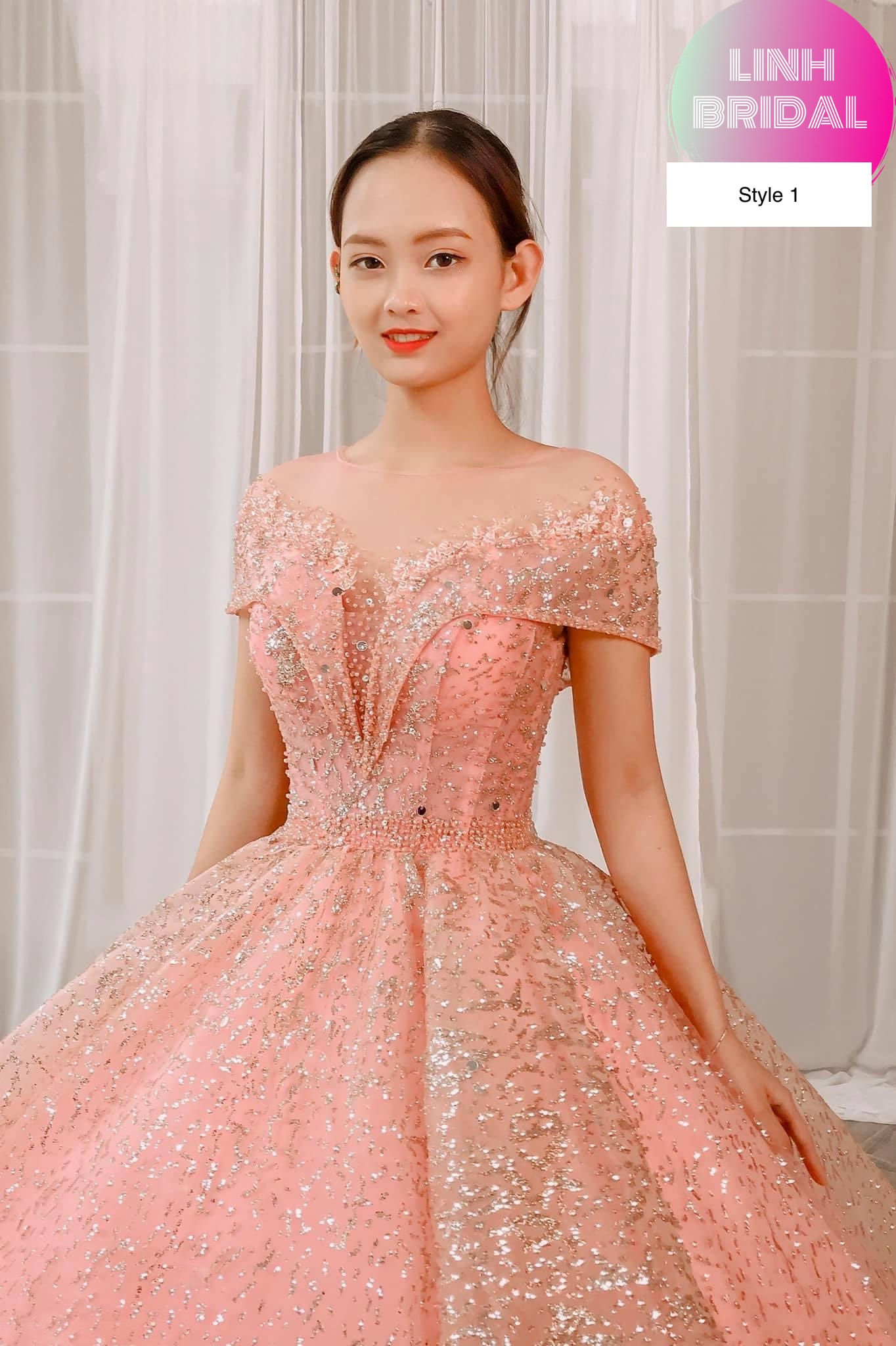 Candy pink/rose gold sparkly ball gown wedding/prom dress
