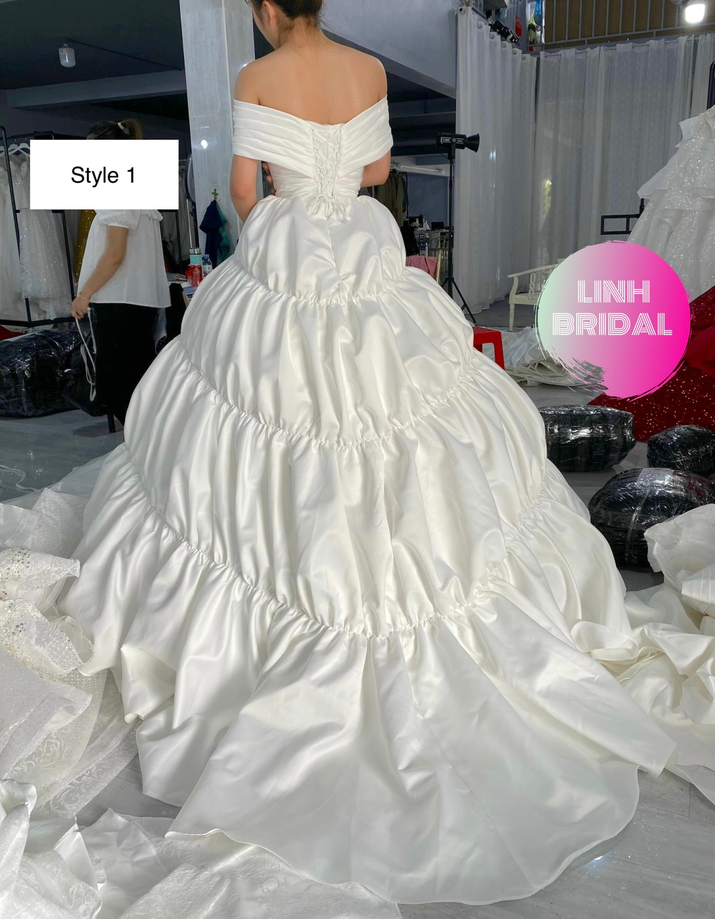 Off the shoulder elegant white satin ball gown wedding dress with train ...