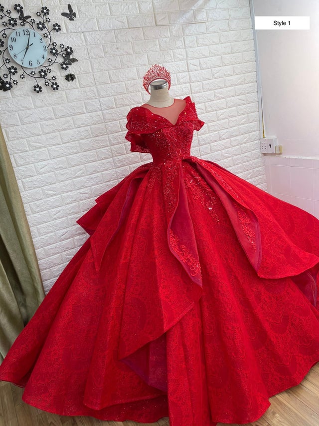 Smashing red drop sleeves tiered skirt ball gown wedding/prom dress ...