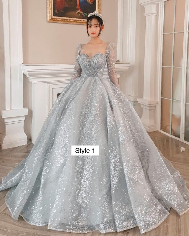 Modern sparkly grey/silver long or cap sleeves ball gown wedding/prom ...