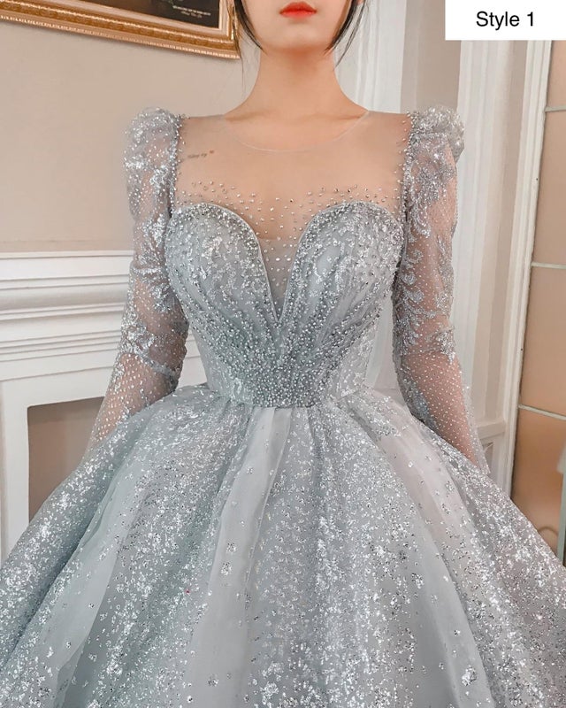 Modern sparkly grey/silver long or cap sleeves ball gown