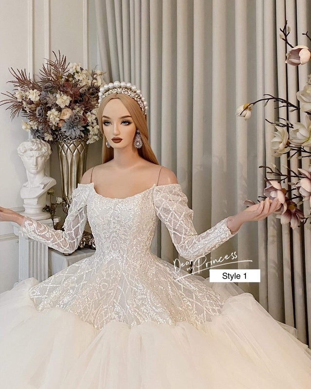 Royal long sleeve tiered skirt white wedding ball gown with glitter ...