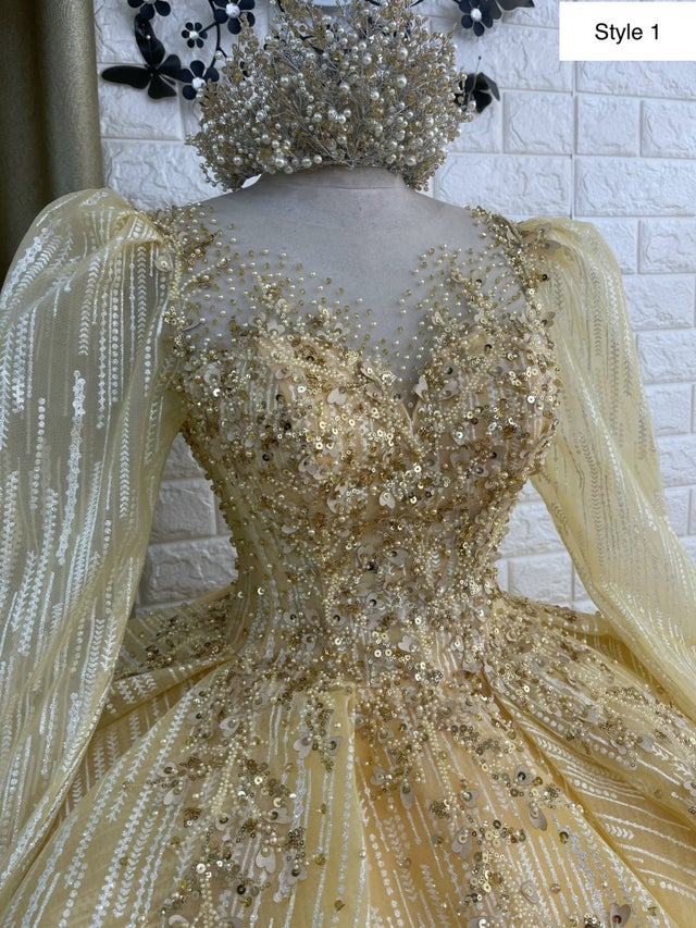 Belle-inspired long or short sleeves yellow/gold sparkly wedding dress