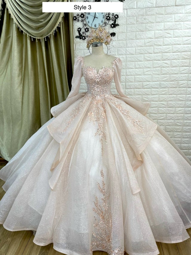Rose gold or pink long sleeves beaded sparkle ball gown