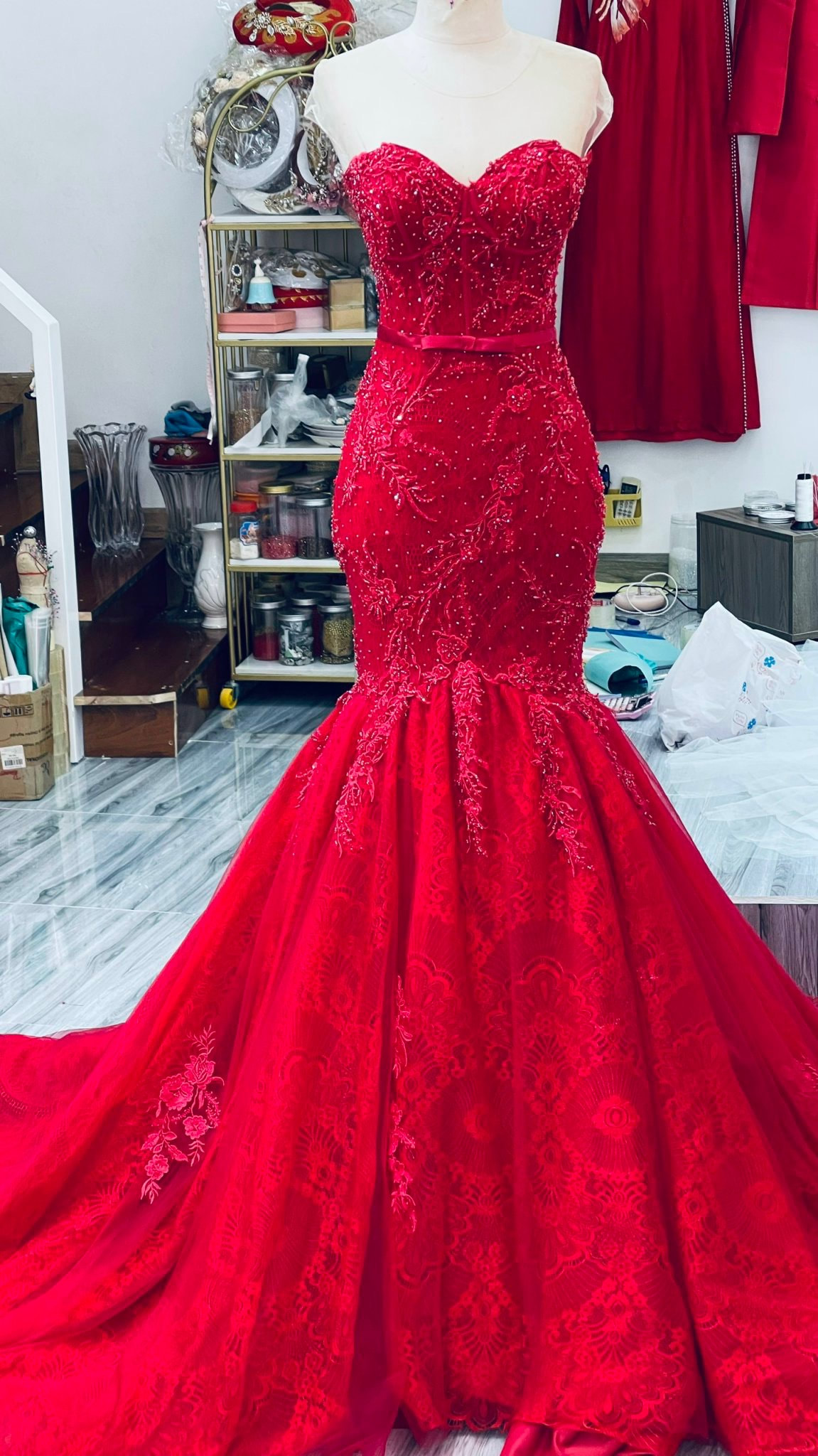 Dramatic red beaded lace sleeveless fit and flare/trumpet wedding dress ...