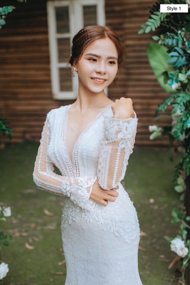 Chic boho V-neck long sleeves lace mermaid white wedding dress ...