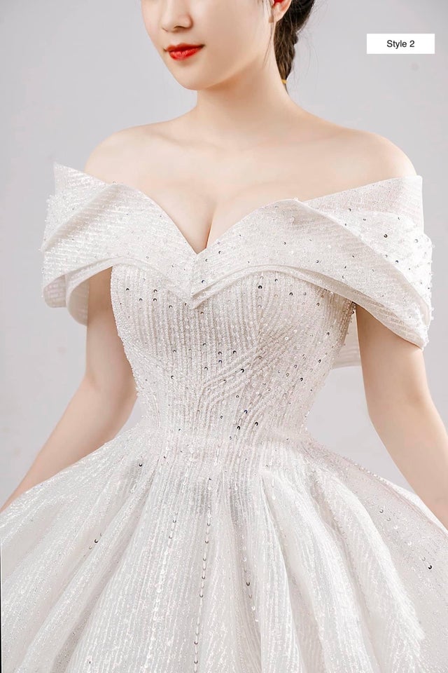 Tasteful off the shoulder queen style sleeves sparkle white ballgown ...