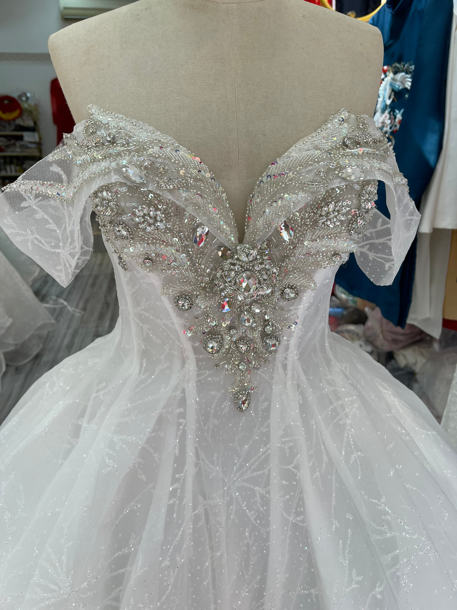 Charming off the shoulder queen style sleeves white sparkle ball gown ...