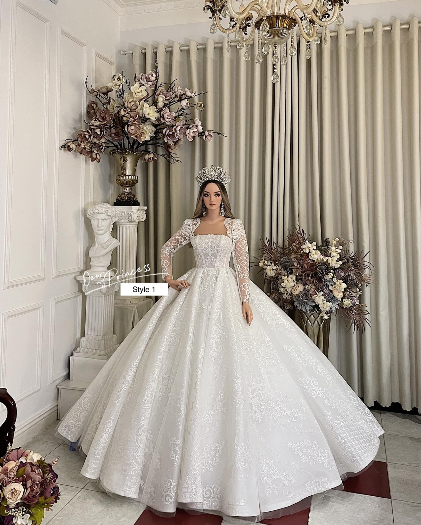 Beaded Sheer Sleeve & Bodice Lace Wedding Ball Gown - VQ