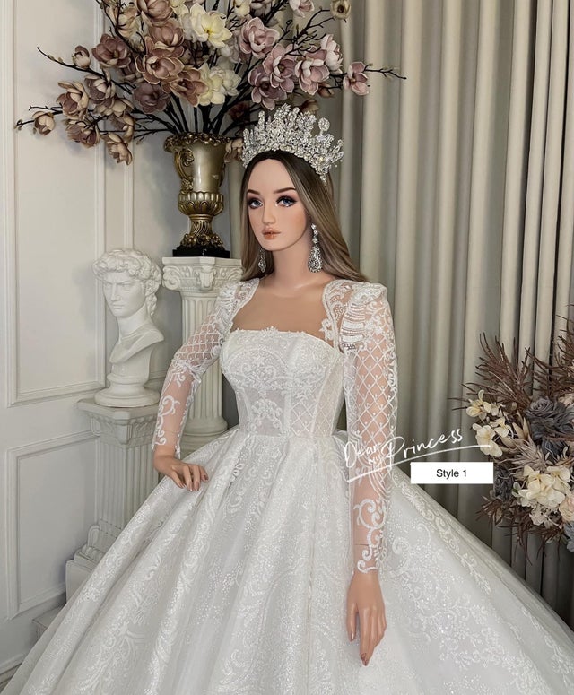 Illusion square neck white long sleeves princess ball gown wedding ...