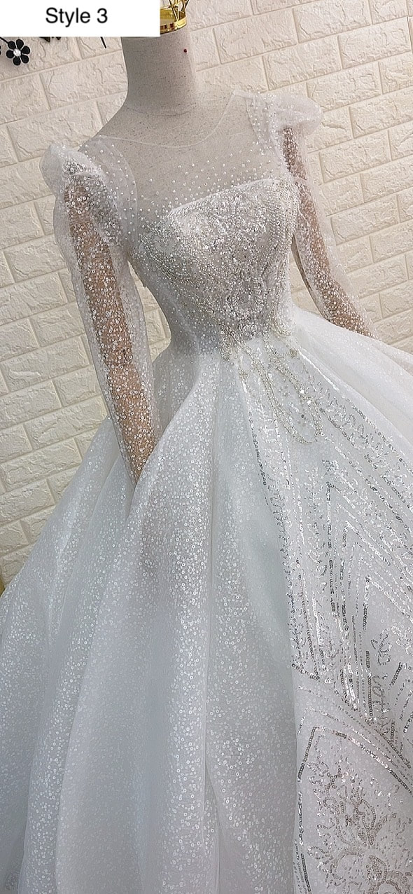 Illusion square neck white long sleeves princess ball gown wedding ...