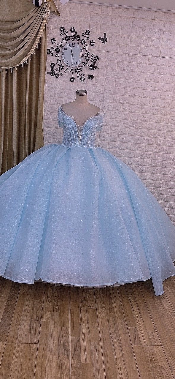 Light blue - ombre blue beaded sparkle ball gown wedding dress with ...