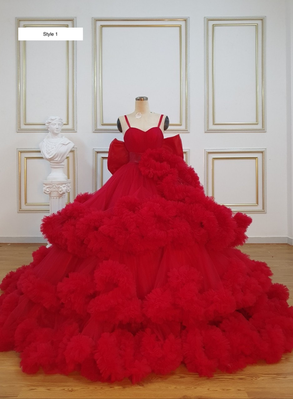 Red poofy flounce tiered ruffled skirt sweetheart neck tulle ball gown  wedding/prom dress - various styles