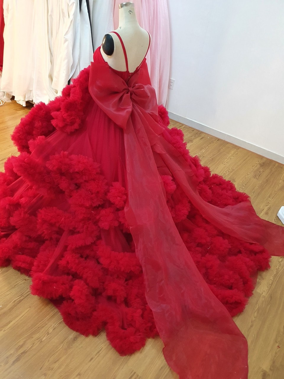 Red poofy flounce tiered ruffled skirt sweetheart neck tulle ball