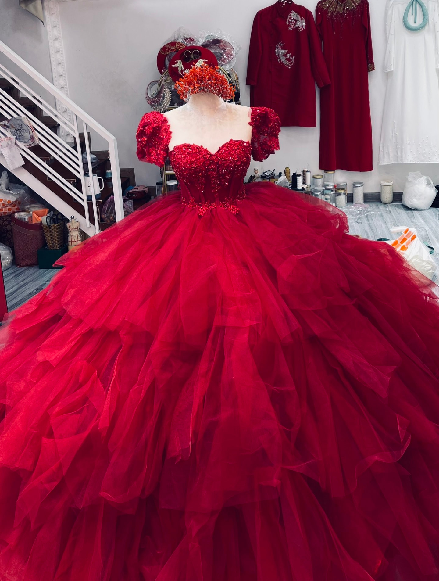 Extra Puffy Red Tulle Prom Dresses Aso Ebi Style Puffy Shoulder Ruffles  Ball Gown Long Evening Dressing Gowns - Evening Dresses - AliExpress