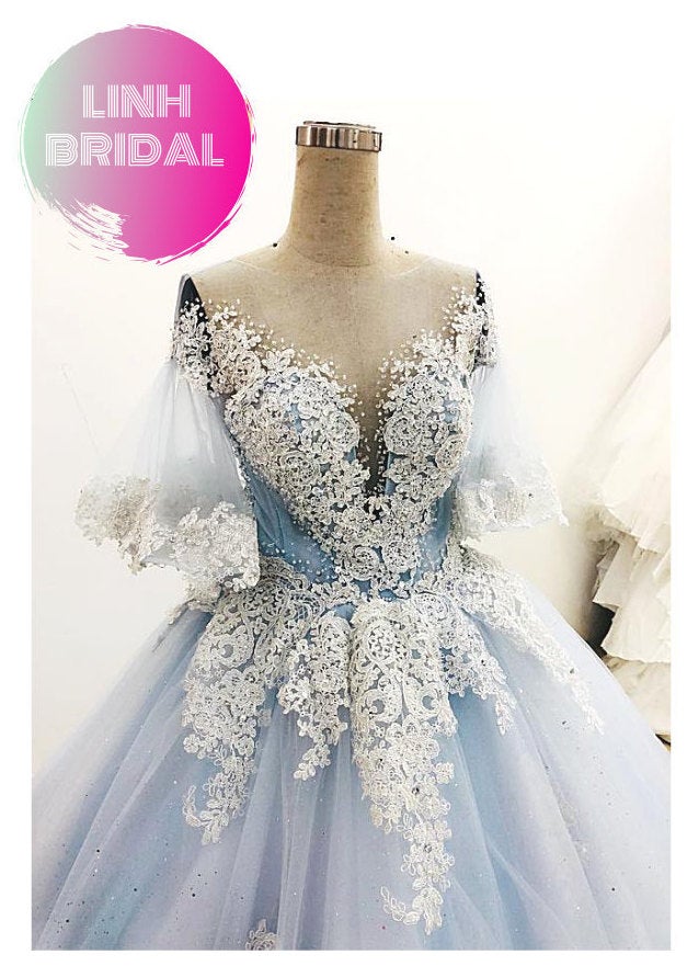 Pretty vintage pastel blue floral lace applique wedding dress - various ...