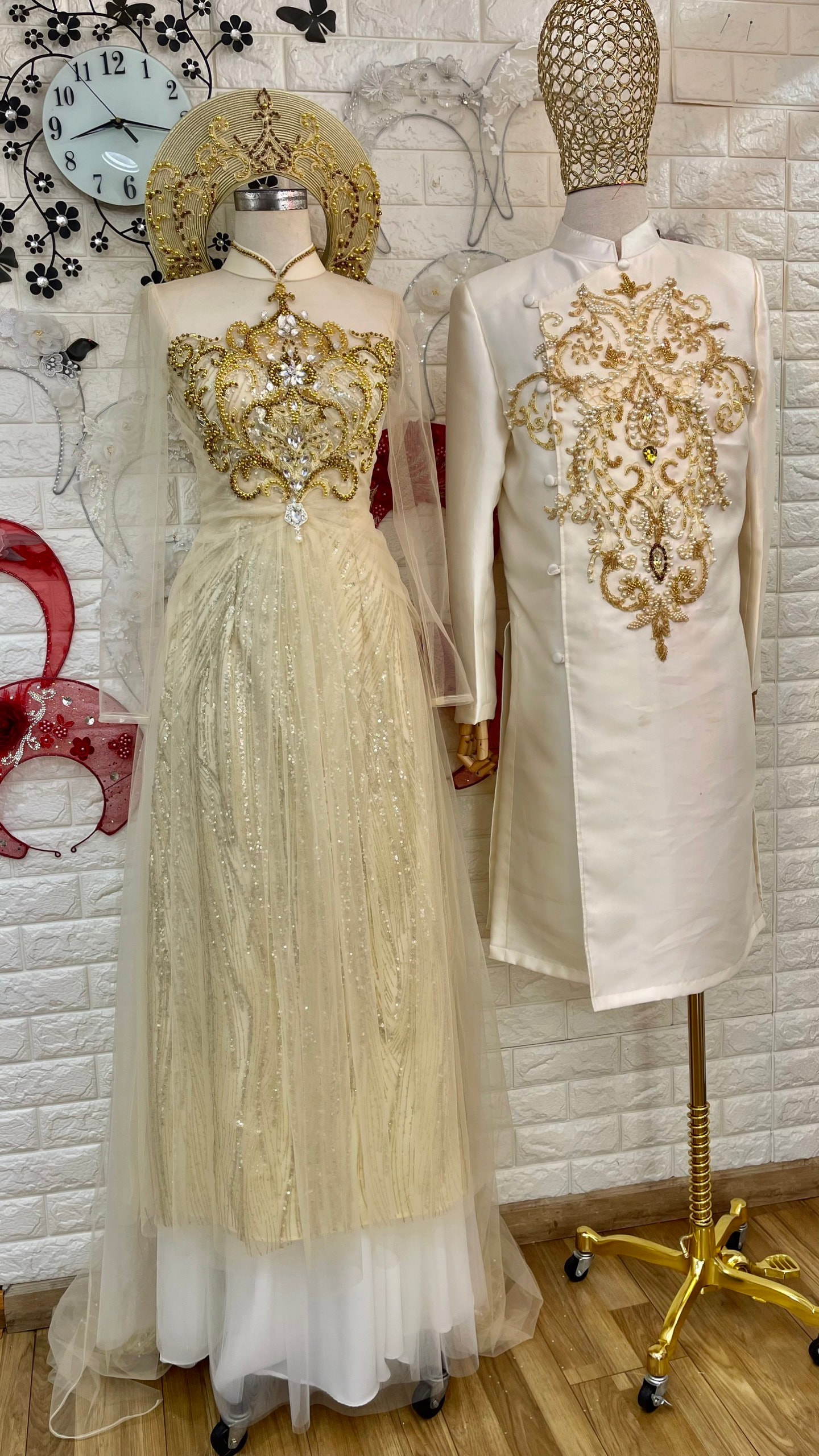 Gold Vietnamese Wedding Ao Dai with beadings and sparkly glitter tulle -  optional head piece - various styles