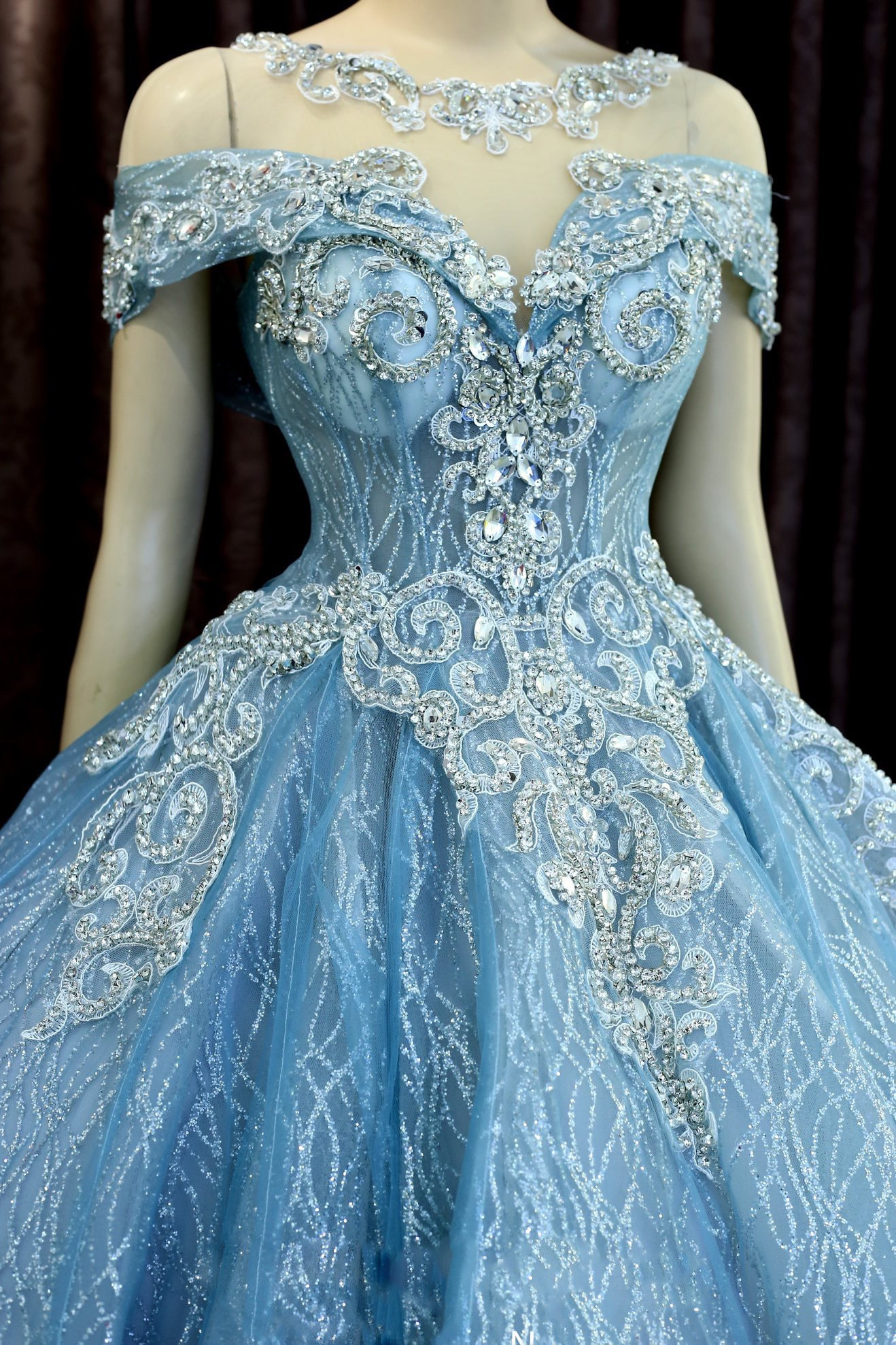 Gold or ice blue or pink beaded crystals illusion jewel neckline ...