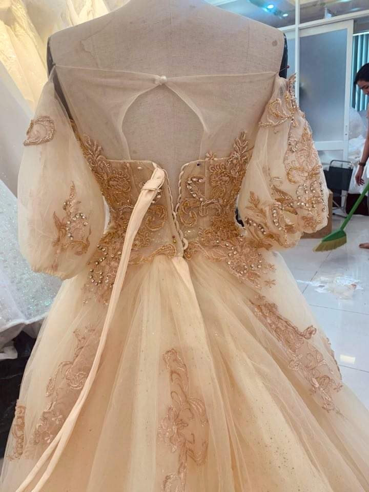 A Line Off Shoulder Golden Sequin Tulle Long Prom Dress, Off The Shoul –  morievent