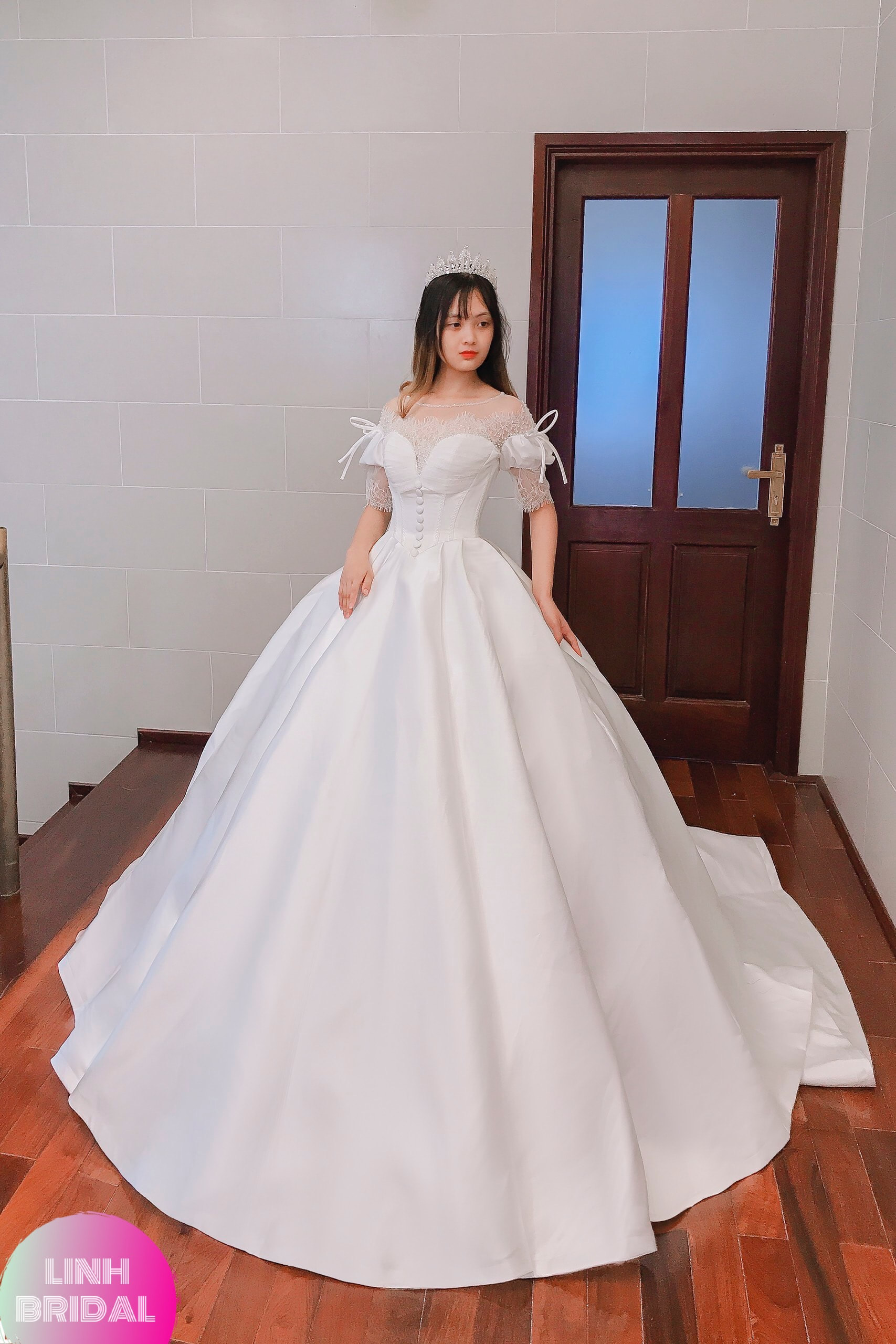 Beautiful royal vintage inspired white satin wedding dress