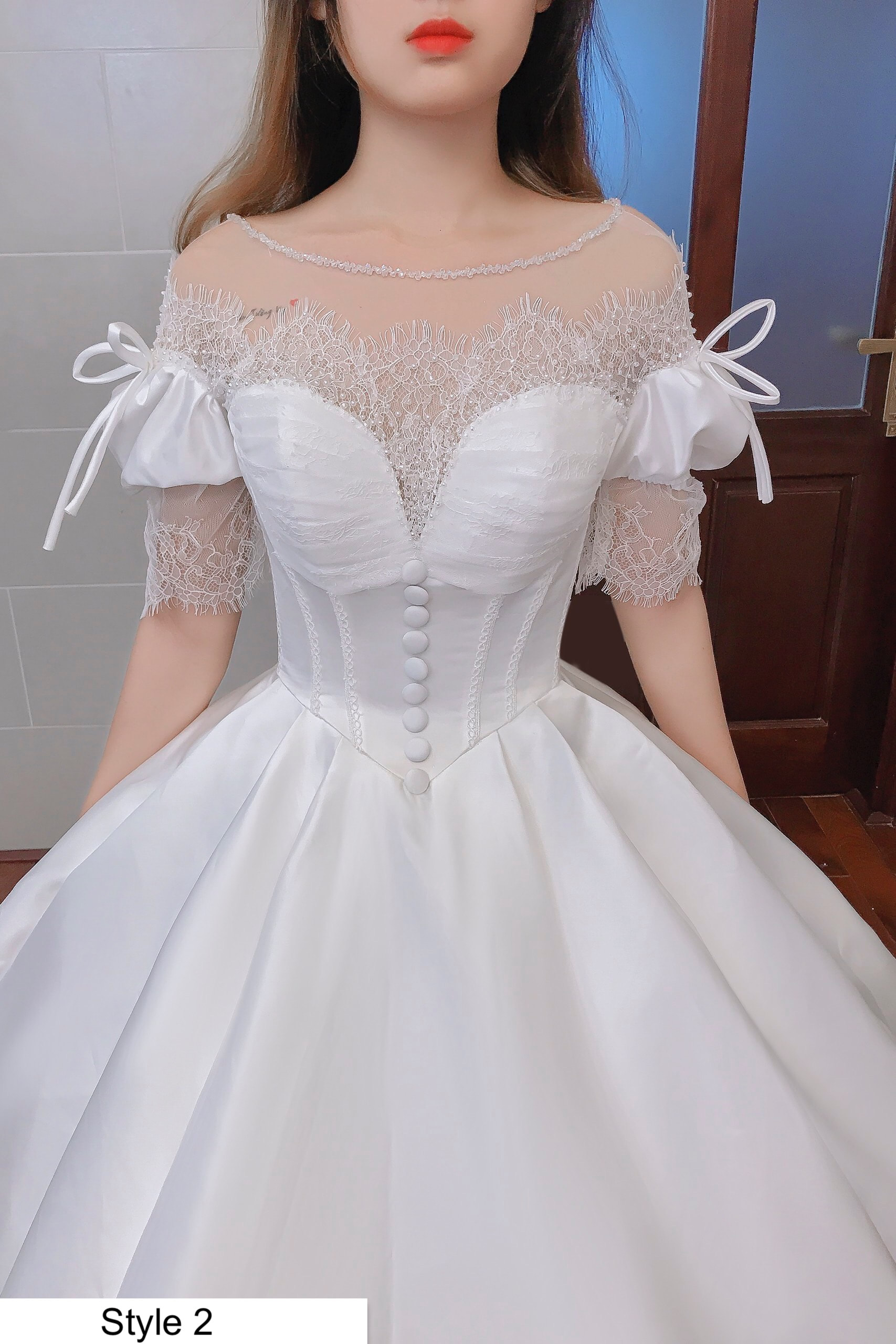 Beautiful royal vintage inspired white satin wedding dress with lace