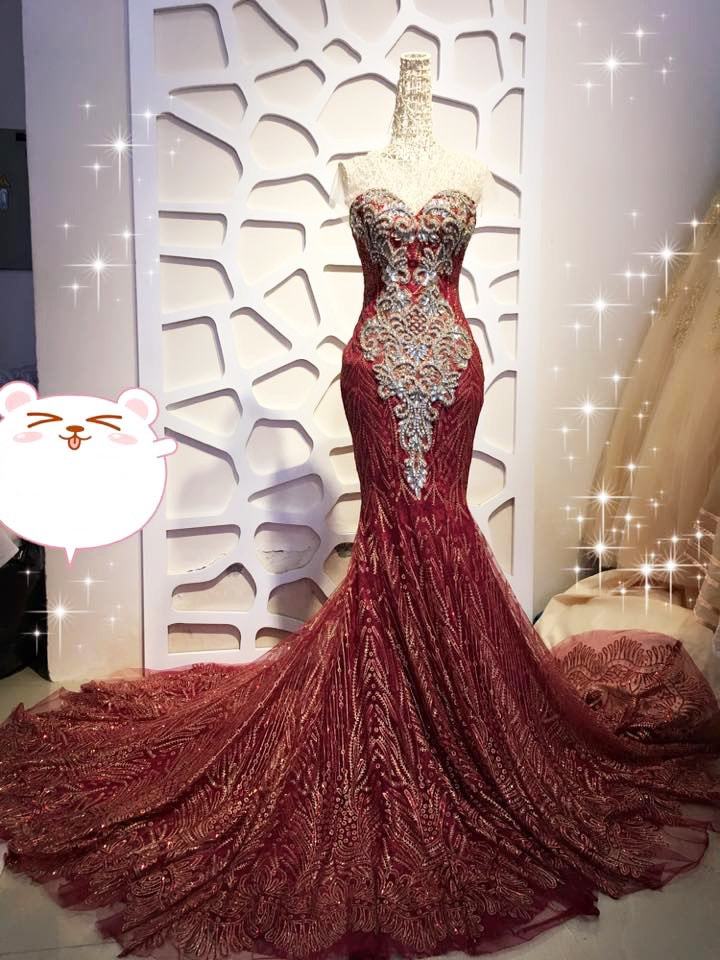 Sophisticated red off the shoulder beaded crystals trumpet/mermaid ...