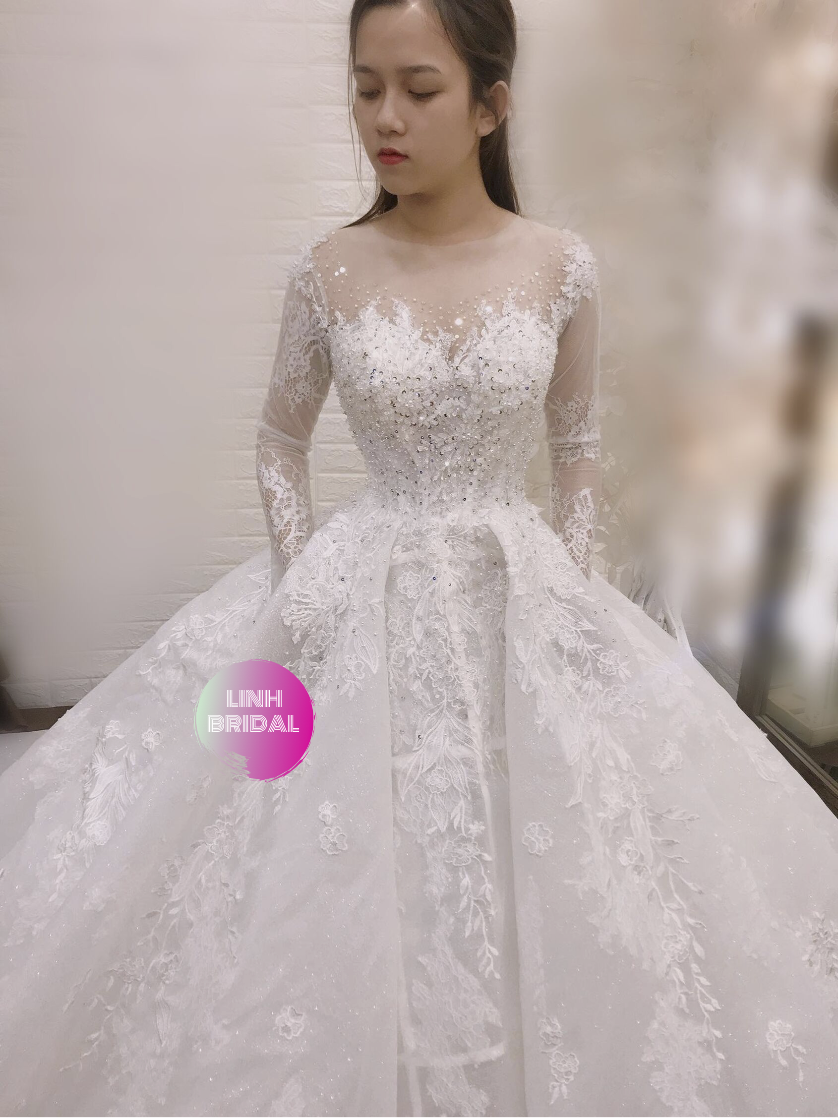 French lace long sleeves floral white ball gown wedding dress with ...