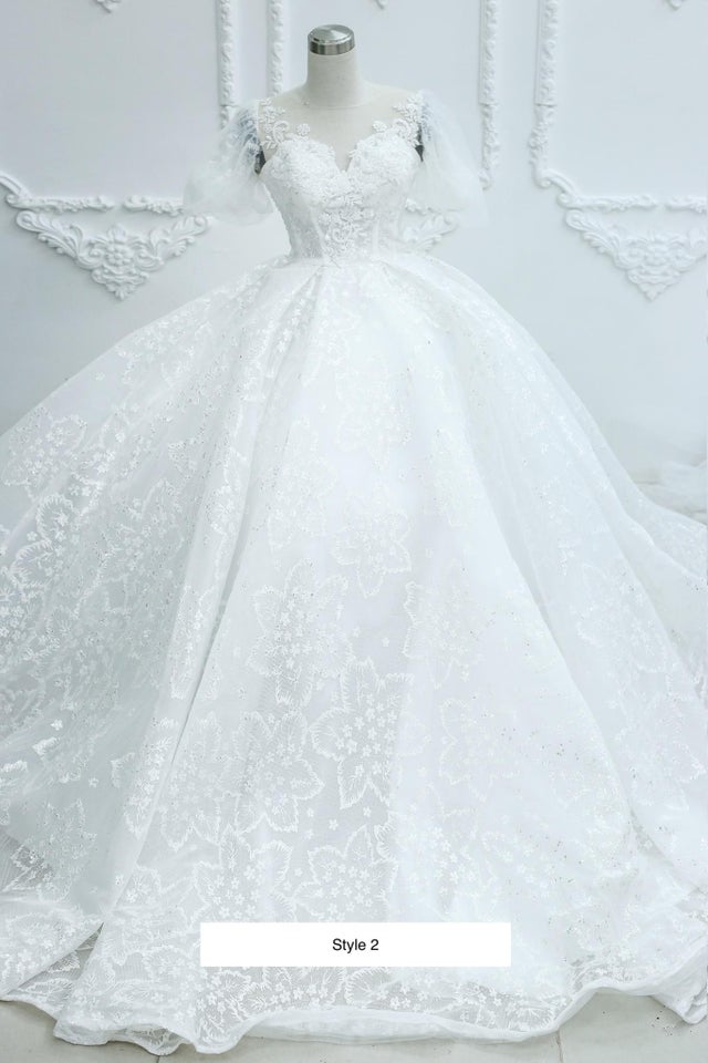 Gorgeous short sleeves illusion sweetheart white sparkle lace ball gown ...