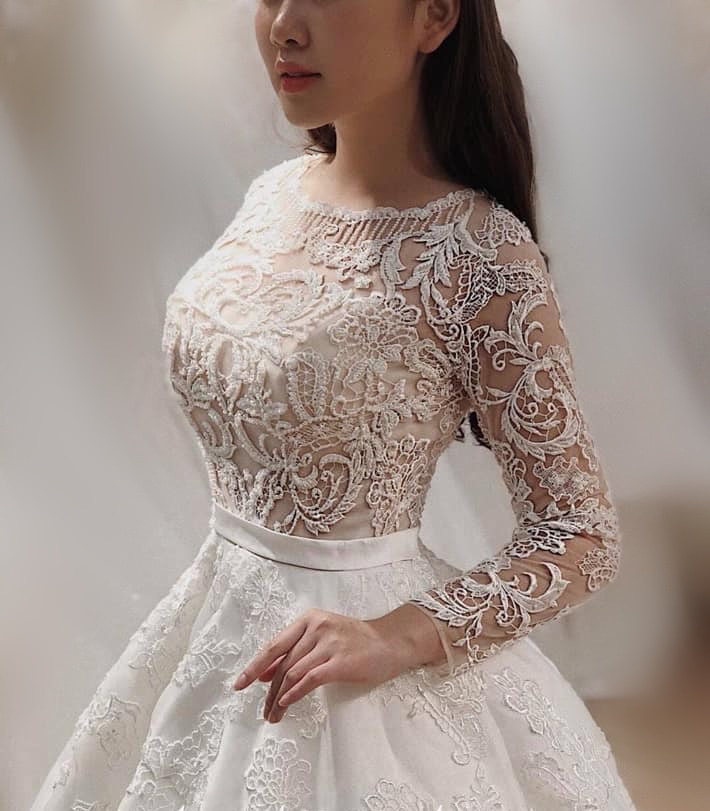 Lace long sleeves white crew neck Aline wedding dress