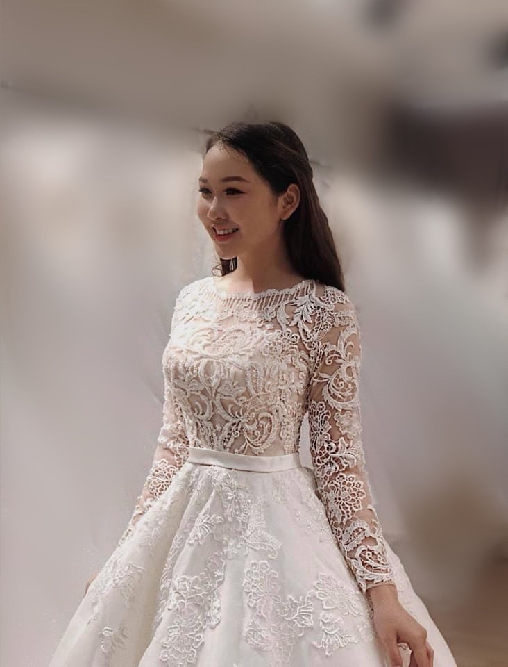 Lace long sleeves white crew neck A-line wedding dress with sweep train ...