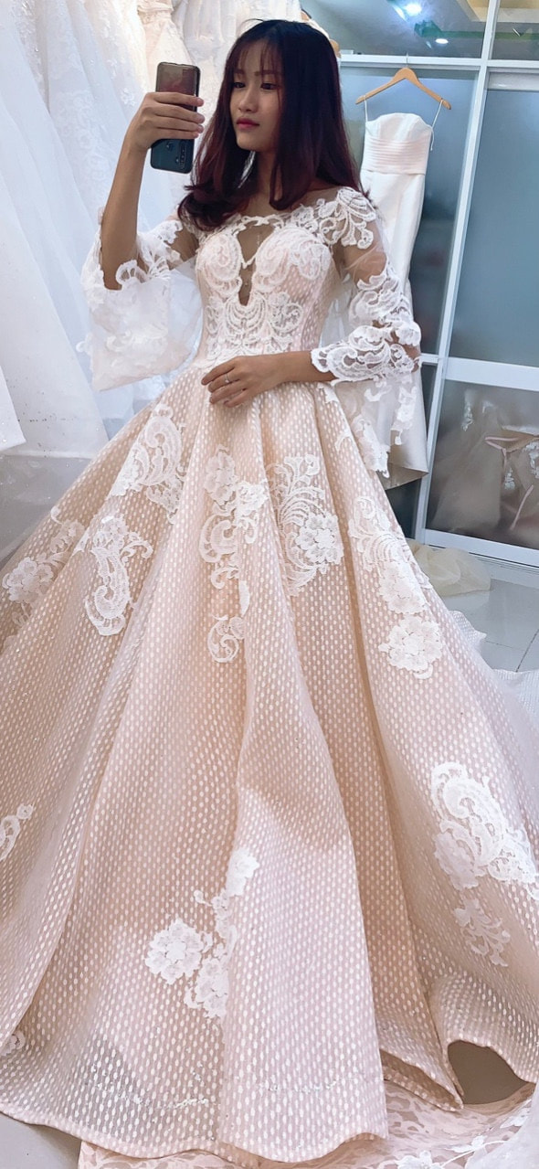 Floral Lace Nude Pink Wedding Gown with Cathedral Train - VQ