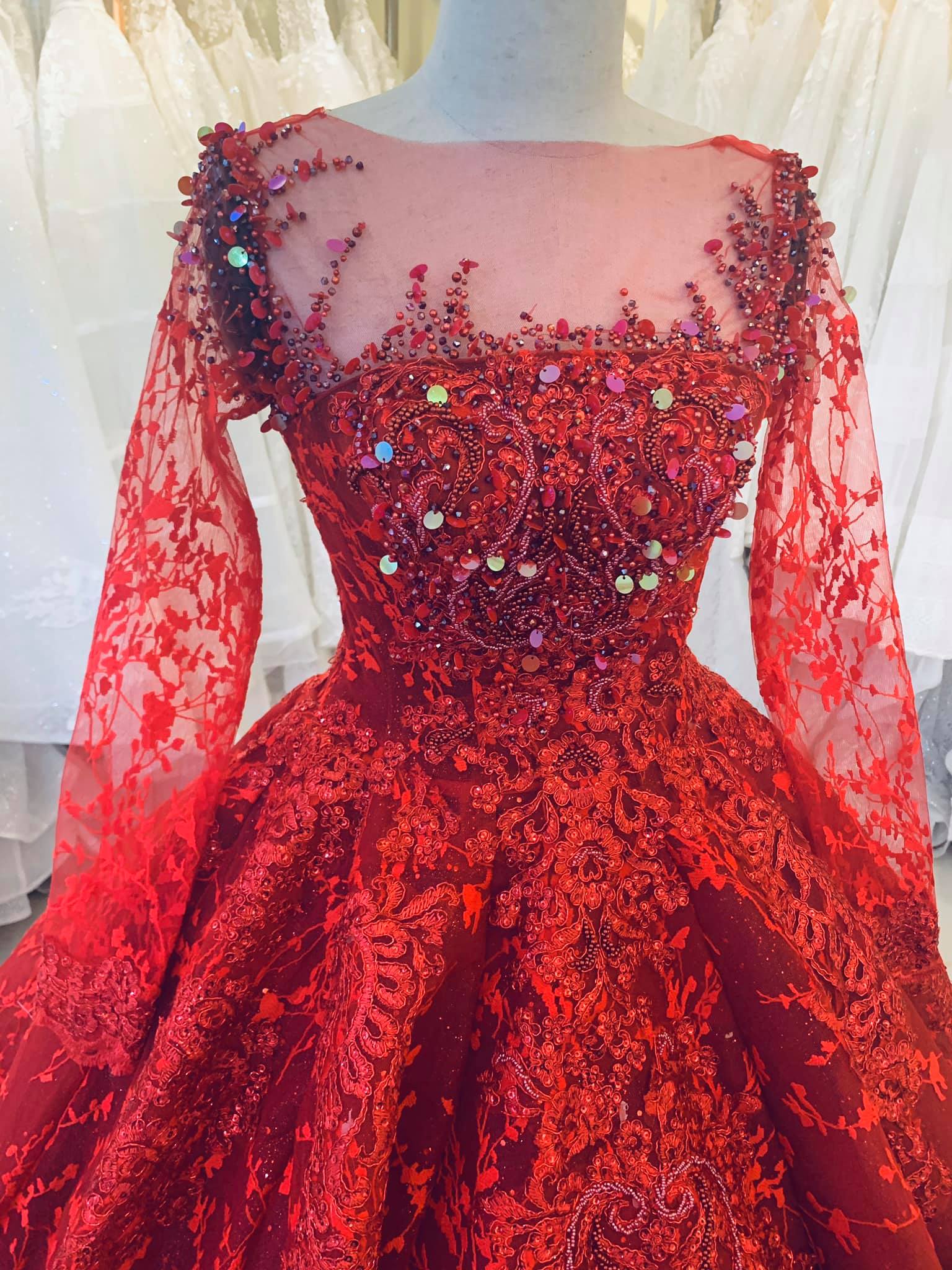 Cherry red lace applique long sleeves illusion V neck ball gown