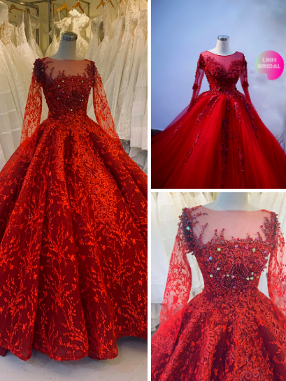 Cherry red lace applique long sleeves illusion V neck ball gown wedding ...