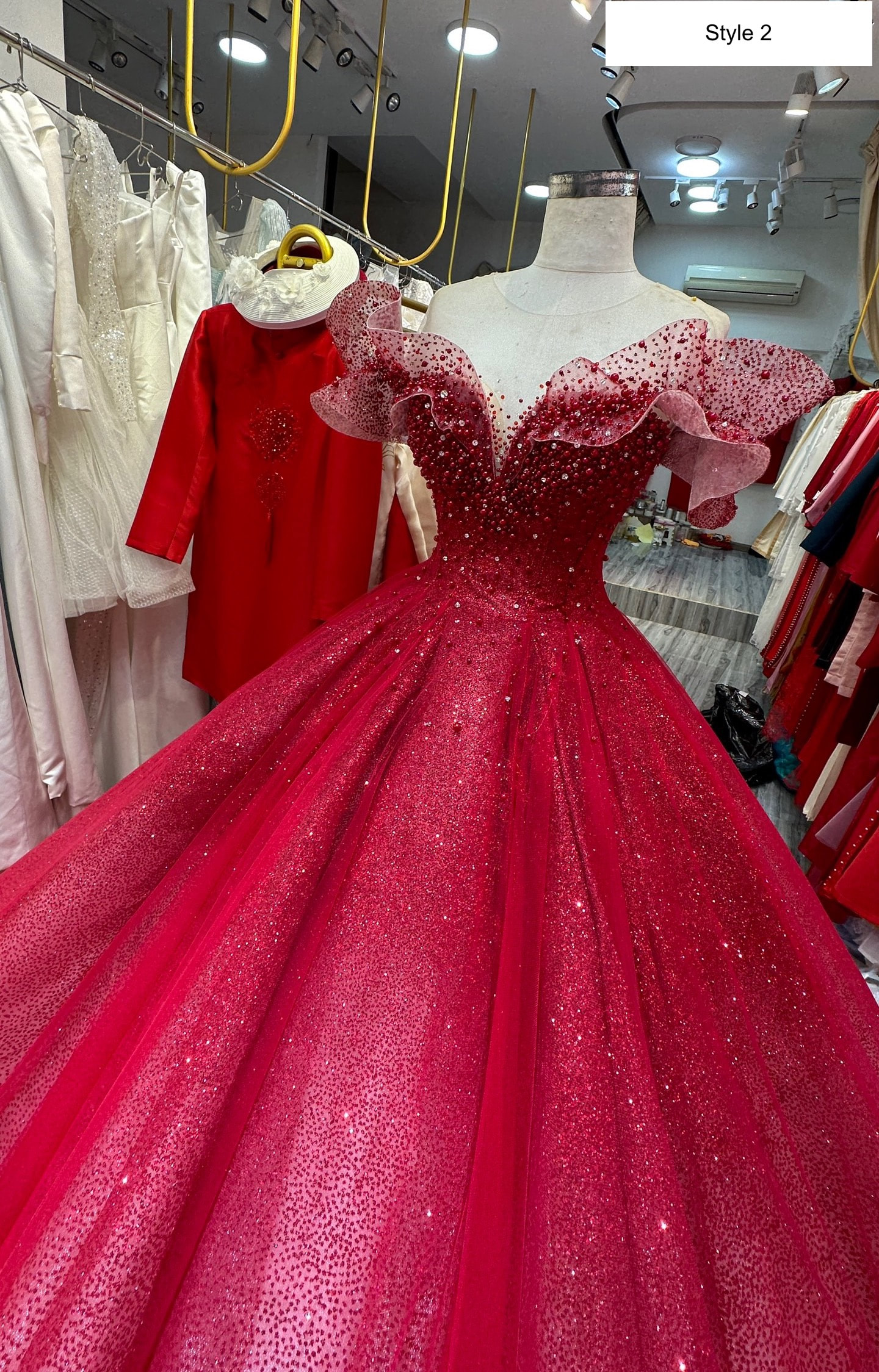 Red Ball Gown Embellished with Floral Laces and Beads|Gowns-Diademstore.com