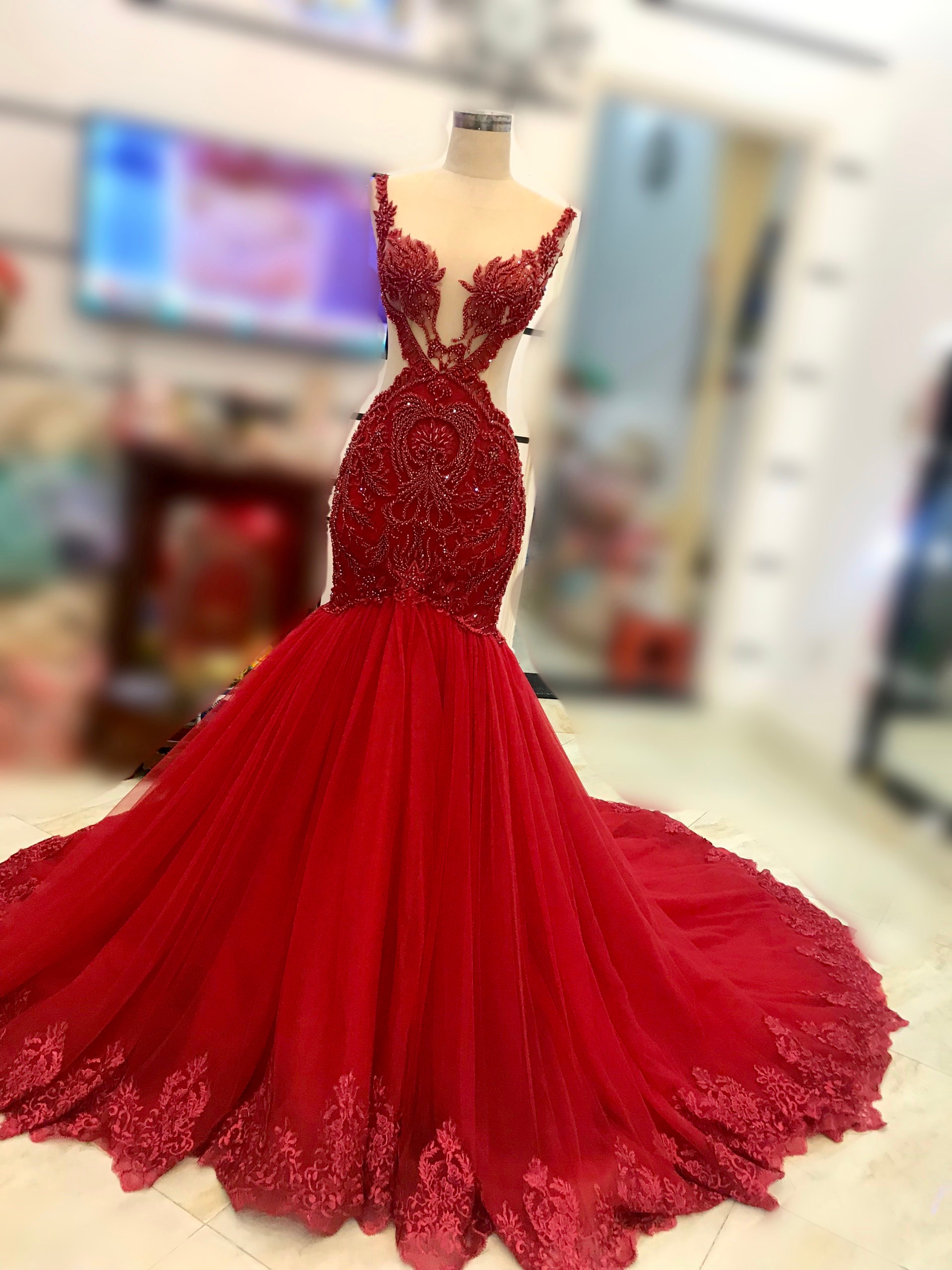 Sexy red beaded lace trumpet or fit and flare wedding/evening gown with ...