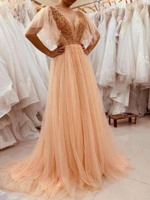 Beaded grey/orange/pink A-line wedding dress with tulle skirt and court ...