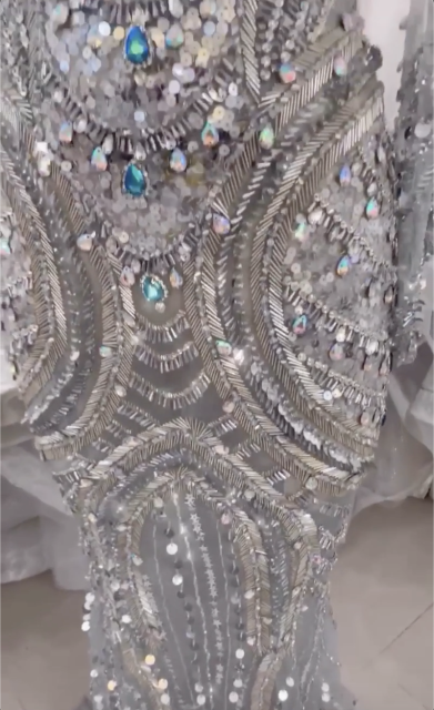 Luxury glamorous illusion jewel neck long-sleeve beaded crystals sheath ...
