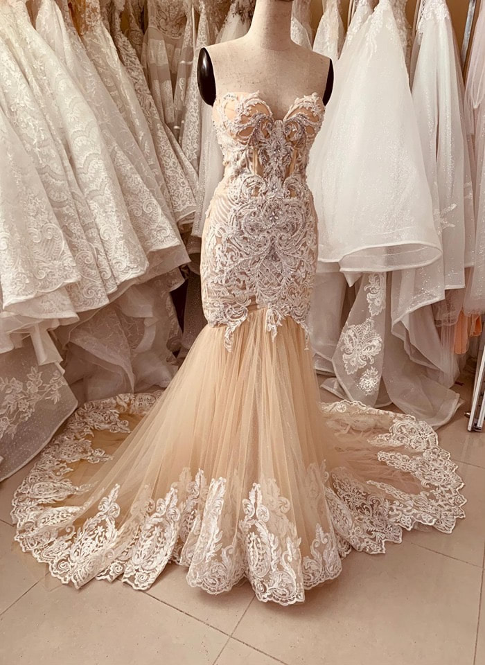 beige lace wedding dress