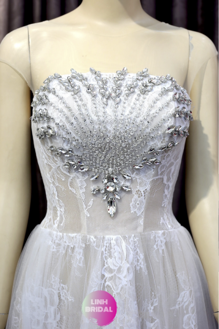 Boho nude beige or white beaded bodice lace tulle A-line wedding dress ...