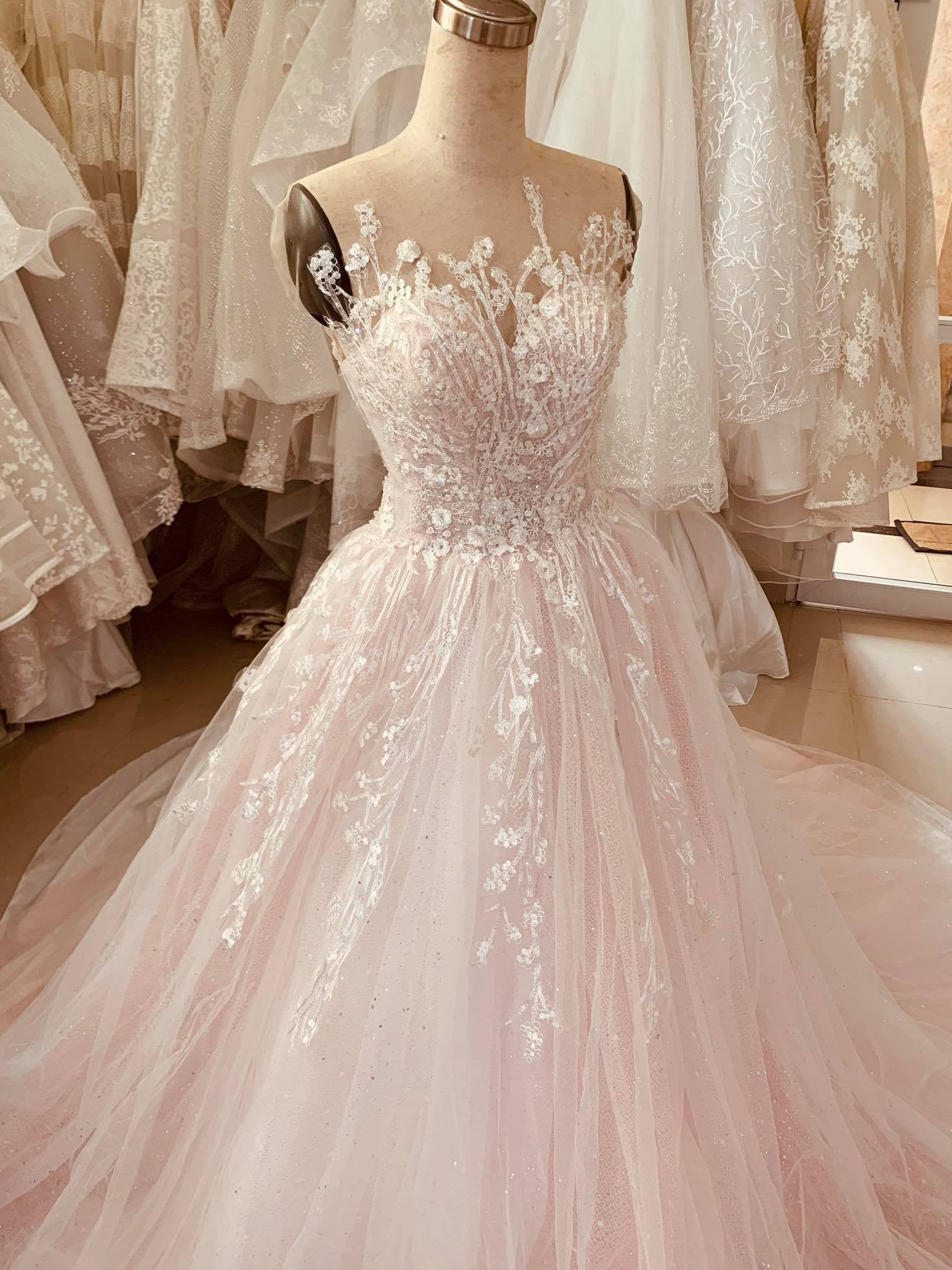 Sheer V-neckline Lace Blush Pink Wedding Dress Tulle Skirt – loveangeldress