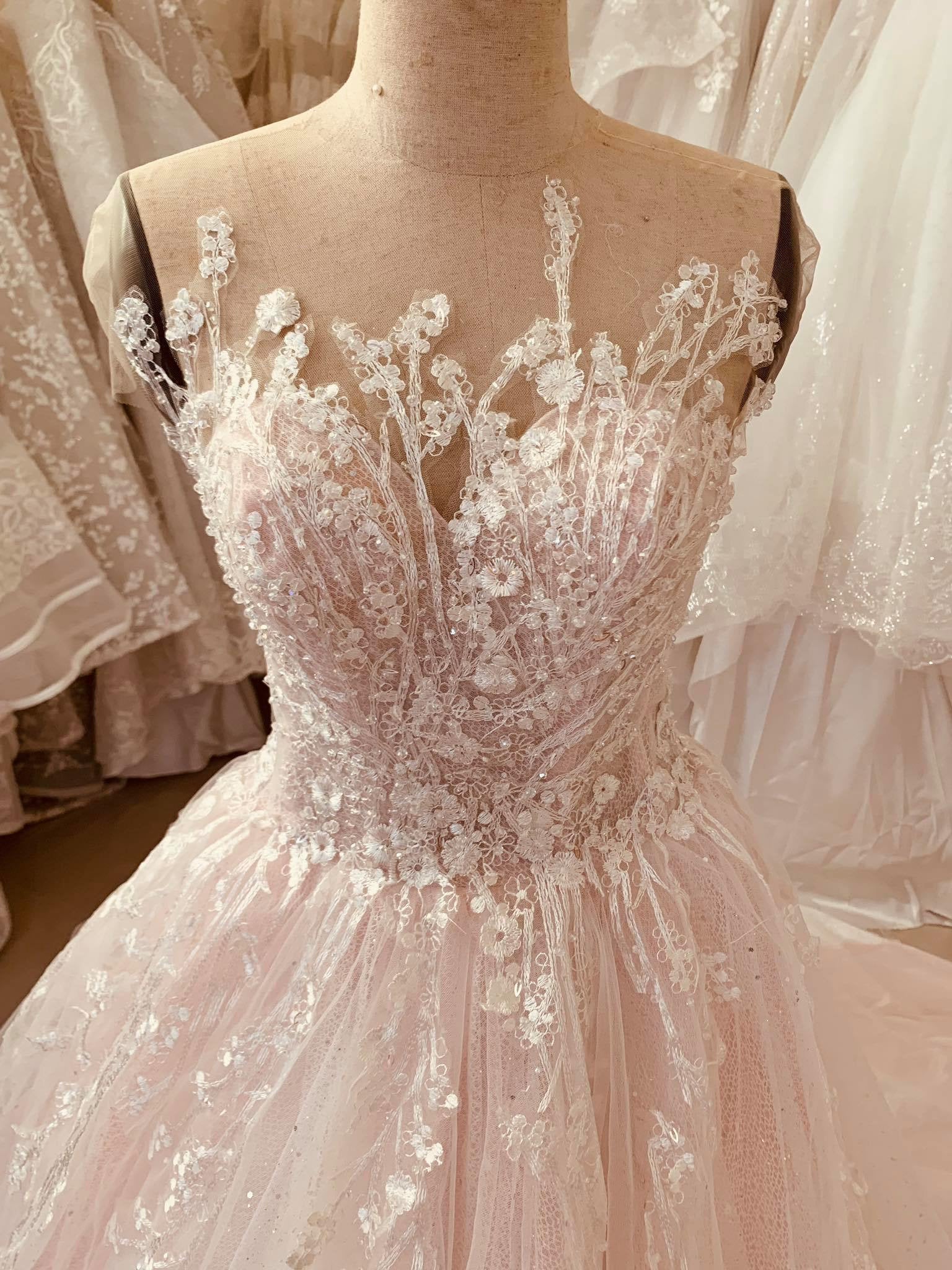 Pastel light pink sleeveless lace applique ball gown